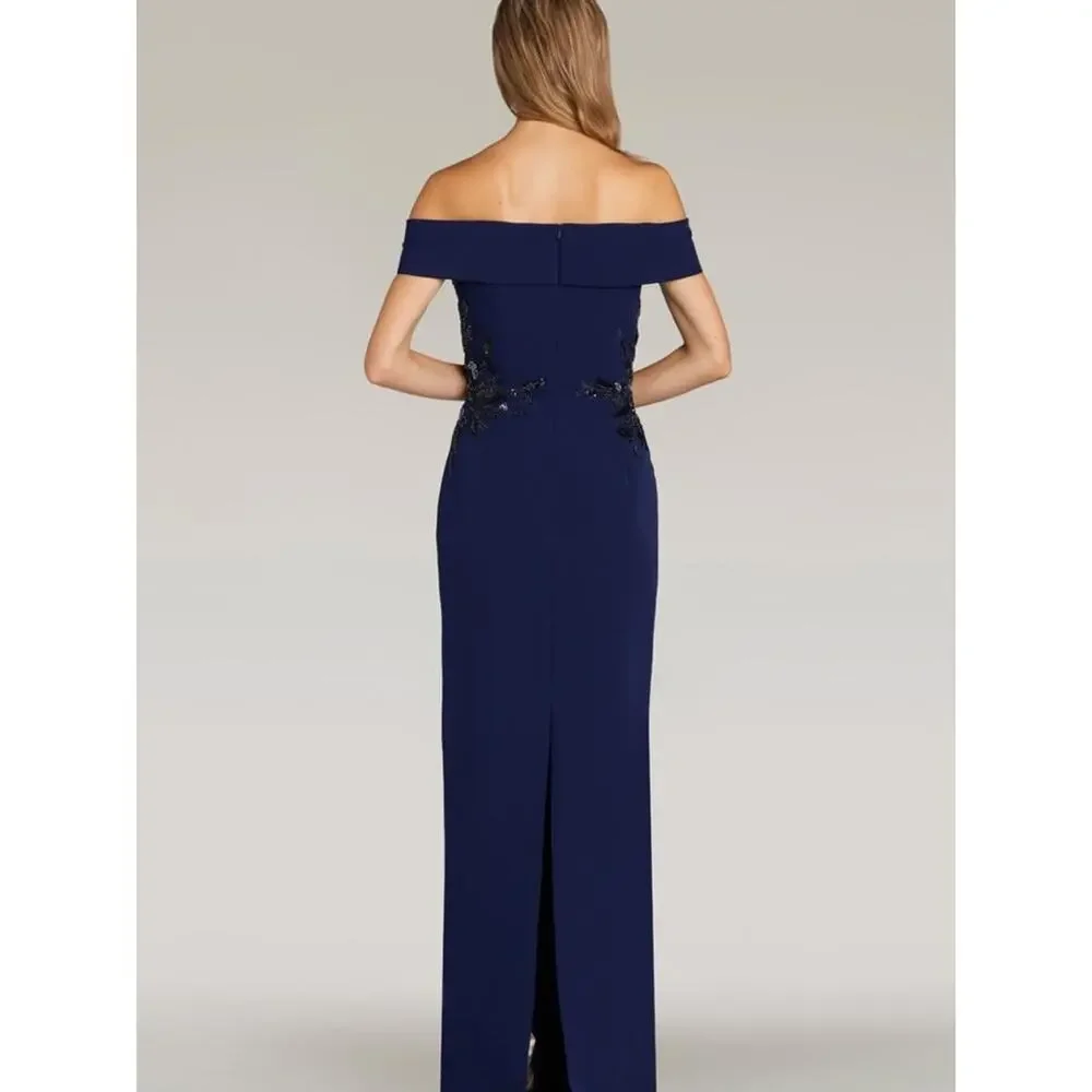 Feriani Couture Navy Off Shoulder Gown Size 16 Sequin Evening Dress